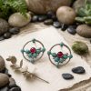 Vintage Silver Oxidised Floral Stud Earrings with Turquoise and Ruby Pink Stones