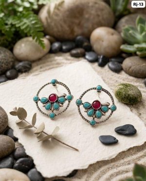 Vintage Silver Oxidised Floral Stud Earrings with Turquoise and Ruby Pink Stones