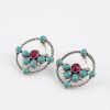 Vintage Silver Oxidised Floral Stud Earrings with Turquoise and Ruby Pink Stones