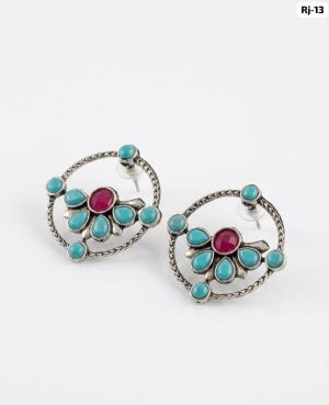 Vintage Silver Oxidised Floral Stud Earrings with Turquoise and Ruby Pink Stones