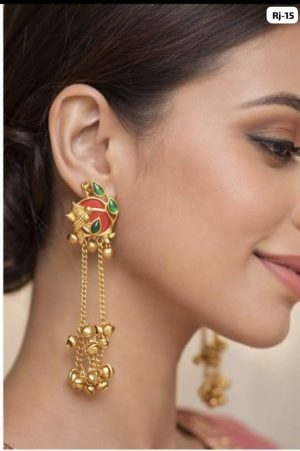 Traditional Gold Plated Bird Motif Long Dangler Earrings with Hanging Ghungroo Chains