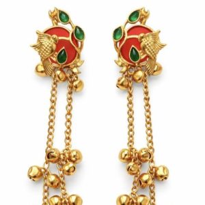 Traditional Gold Plated Bird Motif Long Dangler Earrings with Hanging Ghungroo Chains