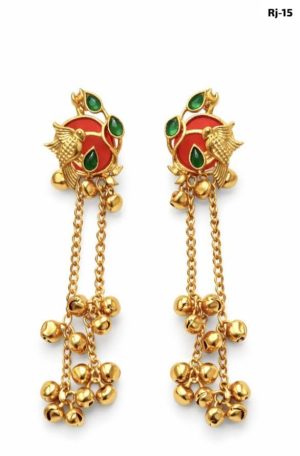 Traditional Gold Plated Bird Motif Long Dangler Earrings with Hanging Ghungroo Chains